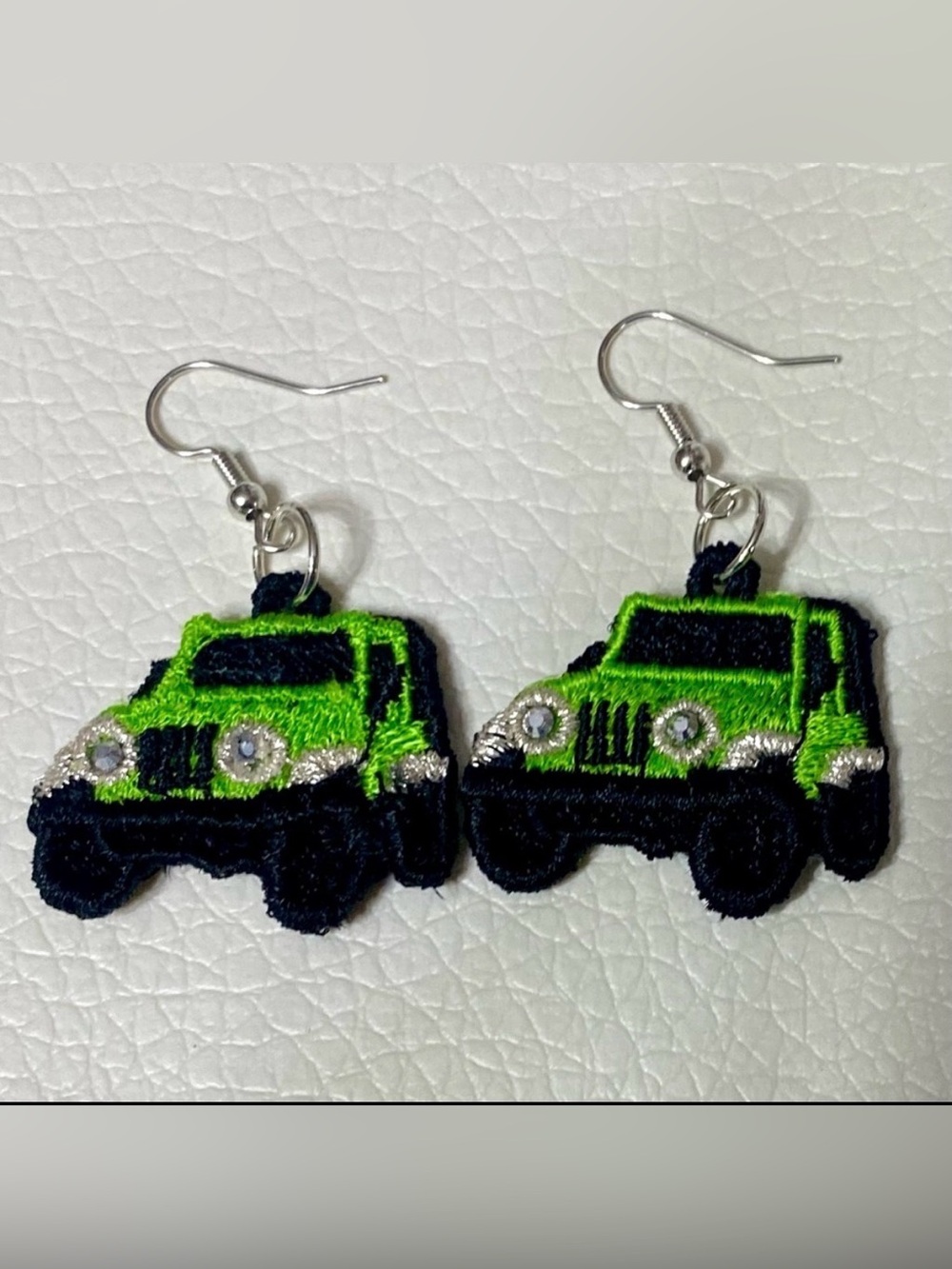 Green Embroidered Free Standing Lace Jeep Earrings.
